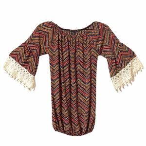 WinWin Womens Multicolor Chevron Blouse Lace Sleeve Elastic Waist Peasant Sz Med